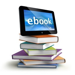 幾本疊起的書籍上有一部平板電腦，平板電腦上面寫著英文ebook