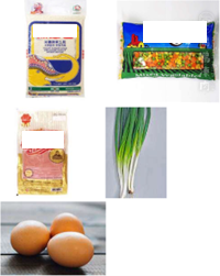 作者提供食材圖片(由上而下次序)：米、雜菜豆、洋火腿片、葱、雞蛋