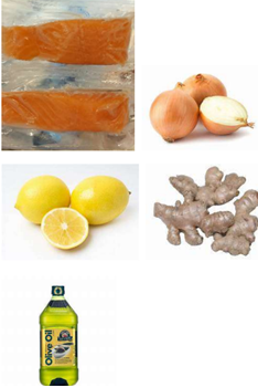 作者提供食材圖片(由上而下次序)：三文魚、洋葱、檸檬、薑、橄欖油