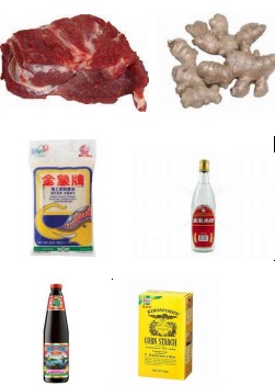作者提供食材圖片(由上而下次序)：梅頭肉、薑、米、米酒、蠔油、鷹粟粉